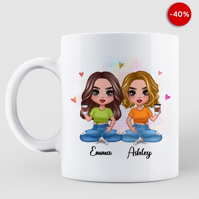 Colorful Patterned Sitting Doll Besties Sisters Siblings Personalized Mug
