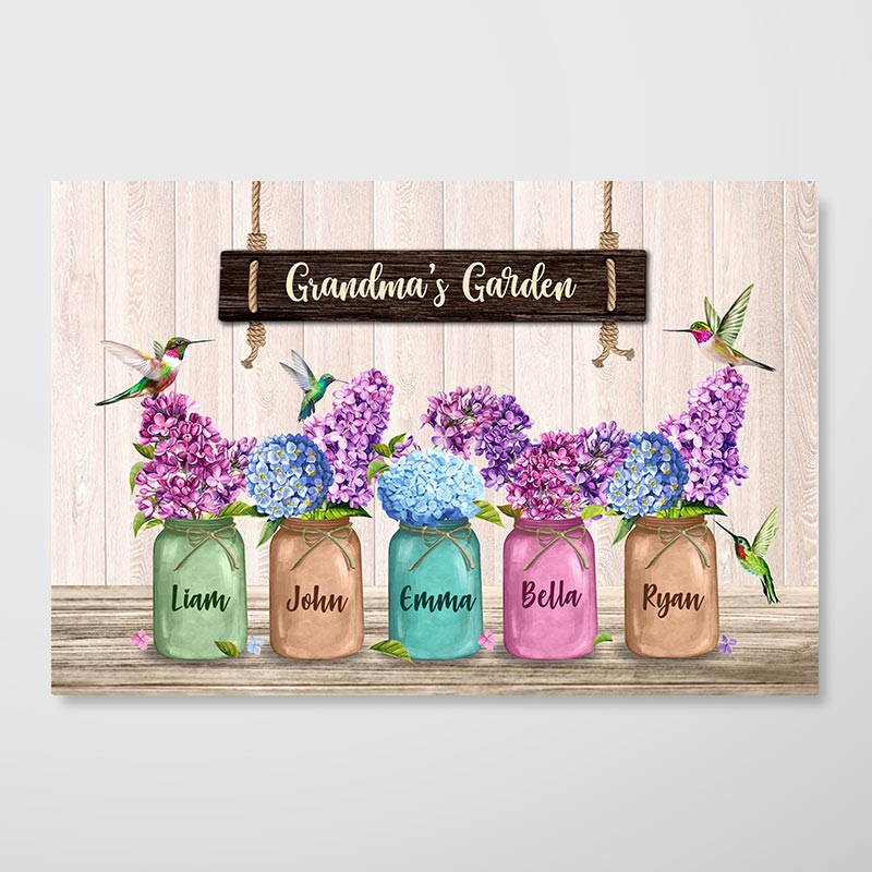 Grandma Hydrangeas Vase Hummingbird Personalized Horizontal Poster