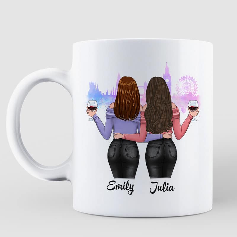 Charming Girls Besties Watercolor Skyline Personalized Mug