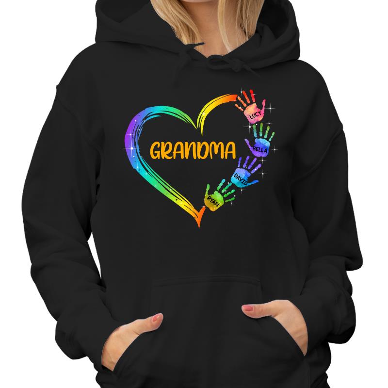 Grandma Mom Heart Hand Print Personalized Hoodie Sweatshirt