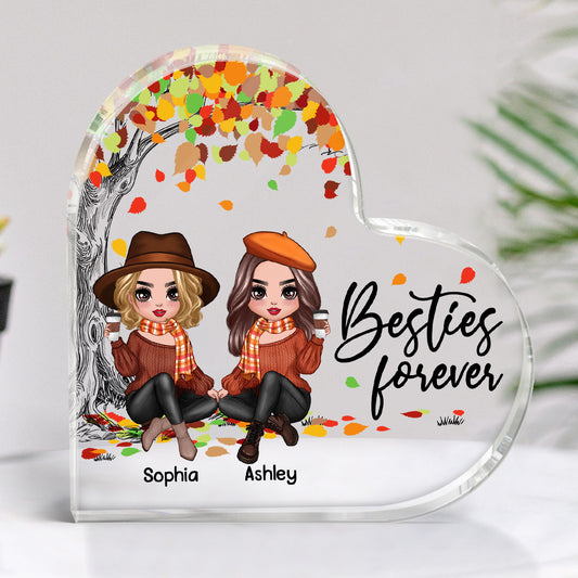 Besties Sisters Under Colorful Fall Season Tree Personalized Heart Acrylic Plaque