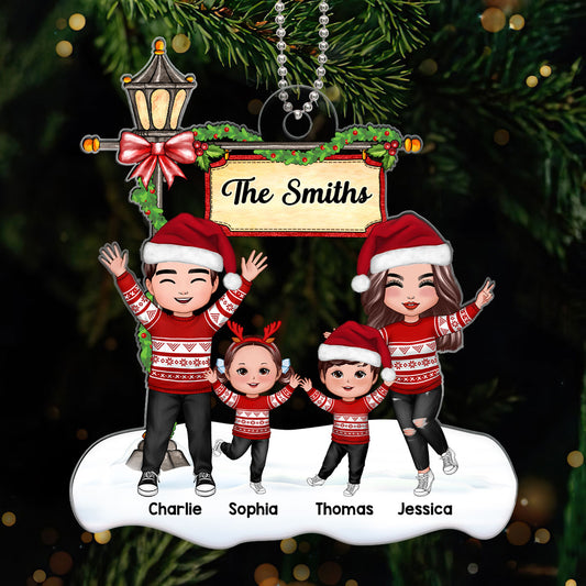 Happy Doll Family Dad Mom Under Lamp Post Christmas Personalized Acrylic Ornament