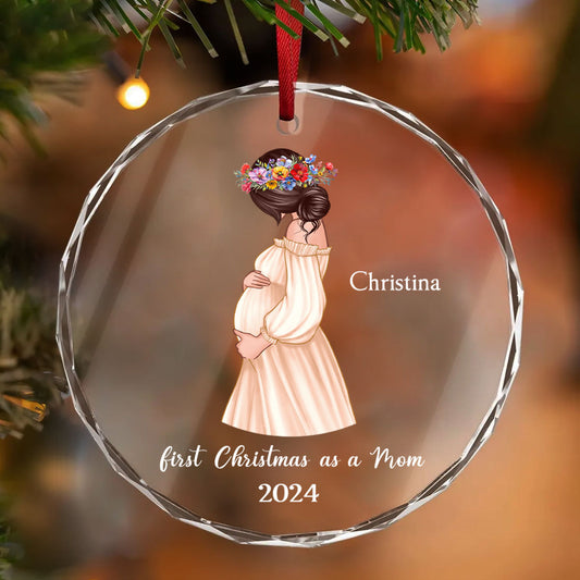 Pregnant Mom Baby Bump's First Christmas, Expecting Mother, Baby Shower, Personalized Glass Ornament