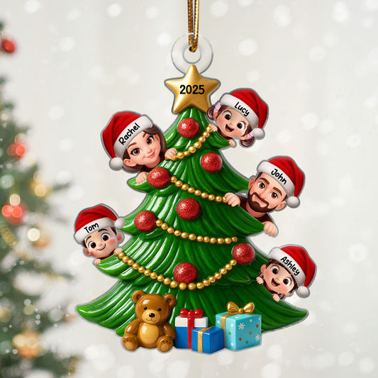 Family Peeking on Christmas Tree Personalized Acrylic Ornament, 2025 Thoughtful Christmas Gift for Family, Husband, Wife