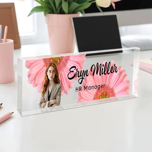 Upload Photo Daisy Flowers Blank Personalized Acrylic Desk Name Plate, Gift For Colleagues, Coworkers, Boss, Nurses, Doctors