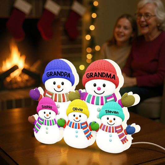 3D Effect Heartwarming Christmas Grandma Grandpa Grandkids Snowman Together - Personalized Light Box - Gift For Grandmas