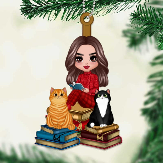 Girl And Cats Sitting On Book Personalized Wooden Ornament