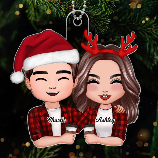 Doll Couple Hugging Holding Drinks Christmas Gift For Him For Her Personalized Acrylic Ornament