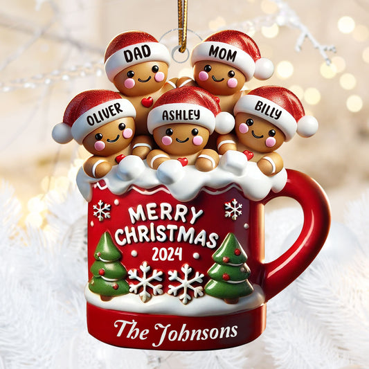 Gingerbread Family In Hot Cocoa Christmas Decor - Personalized Acrylic Ornament
