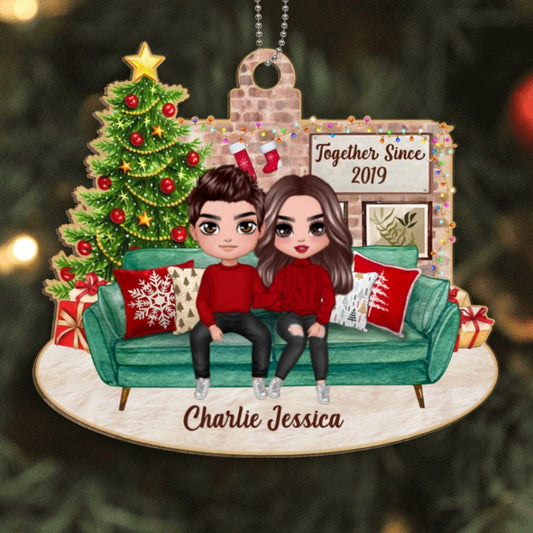 Couple Sitting On Sofa Christmas Personalized Wooden Ornament