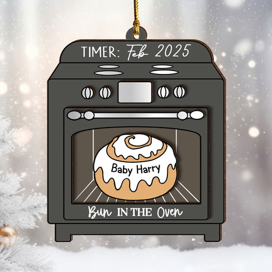 Bun In The Oven Pregnancy Announcement Expecting Baby Arriving Keepsake Christmas Personalized 3-Layer Wooden Ornament