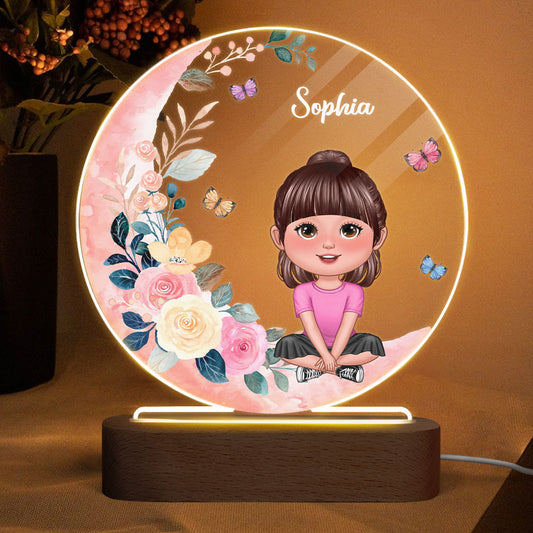 Baby Girl Gift Watercolor Flower Moon Personalized Circle Acrylic LED Night Light