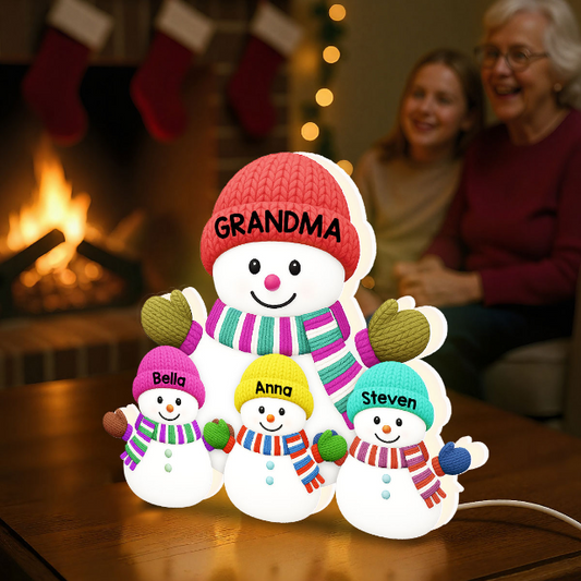 3D Effect Heartwarming Christmas Grandma Grandkids Snowman Together - Personalized Light Box - Gift For Grandmas