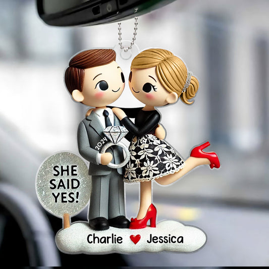 Couple Engagement Ornament She Said Yes, Personalized 2D Flat Acrylic Car Hanger Ornament,  Gift for him, Gift for her