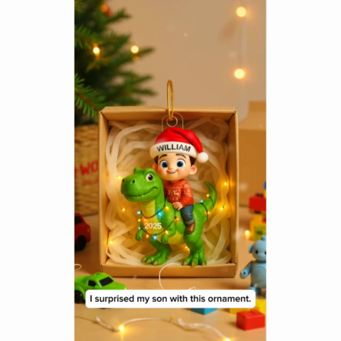 3D Effect Cute Cartoon Kid With Dinosaur Christmas - Personalized Acrylic Ornament - Unique Gift For Grandkids