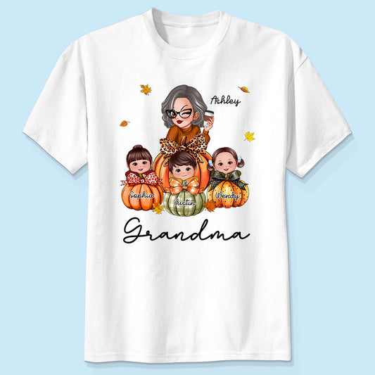 Grandma Mom Kids On Pumpkin Personalized Shirt, Fall Season Gift For Mom Grandma