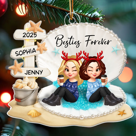 Besties Sitting in Shell - Personalized Acrylic Ornament - Christmas Gift for Best Friends