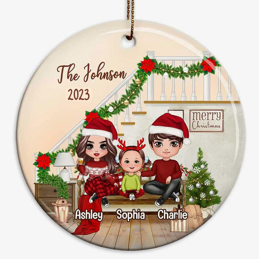 Family Sitting Stairs Christmas Personalized Circle Ornament