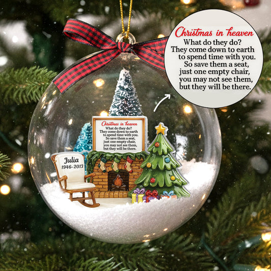 Christmas In Heaven Chair At Fireplace - Personalized Snow Globe Ornament - Christmas Memorial Keepsake For Family