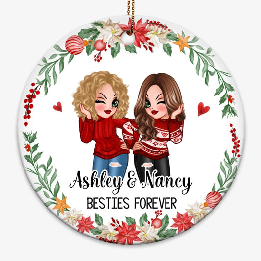 Christmas Wreath Besties Forever Best Friends Pretty Women Personalized Circle Ornament
