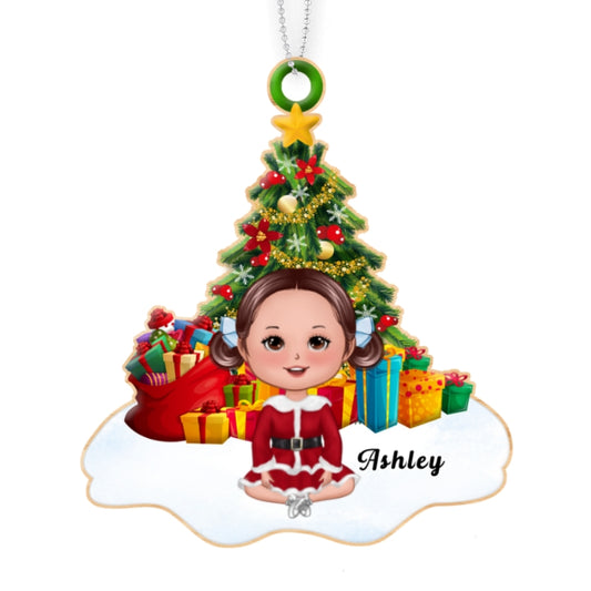 Doll Kid Sitting On Snow Christmas Tree Personalized Wooden Ornament