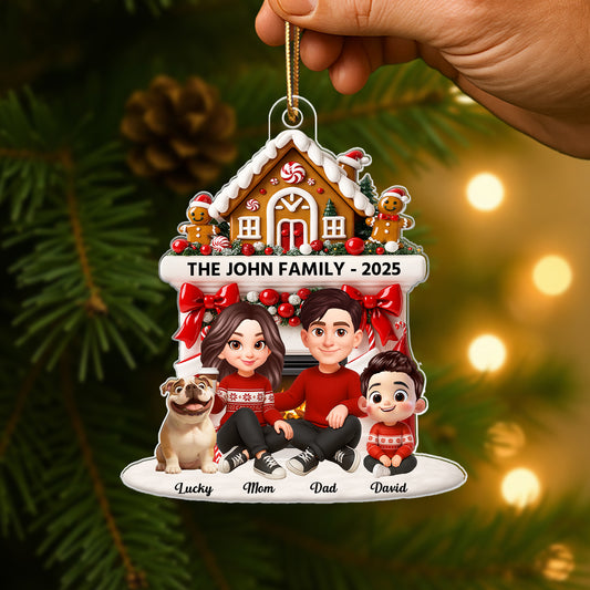 Family Sitting by the Fireplace Personalized Acrylic Ornament - Christmas Gift for Mom, Dad, Children