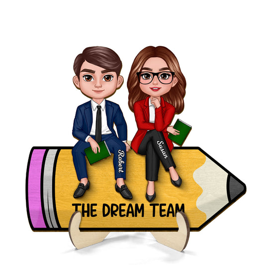 Doll Teacher Best Friends Colleagues Sitting On Pencil - Personalized 2-Layered Wooden Plaque - Back To School Gift, Classroom Decoration