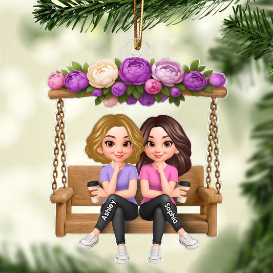 Christmas Besties Sisters On Flower Swing - Personalized Acrylic Ornament