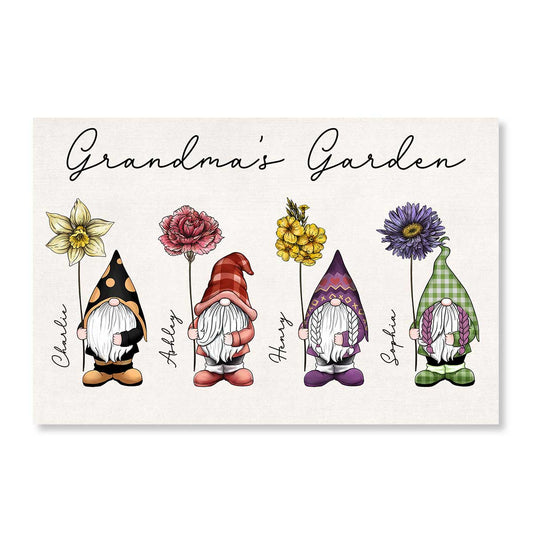 Gift For Grandma Mom Grandma‘s Garden Beautiful Vintage Birth Flowers Cute Gnomes Personalized Horizontal Poster