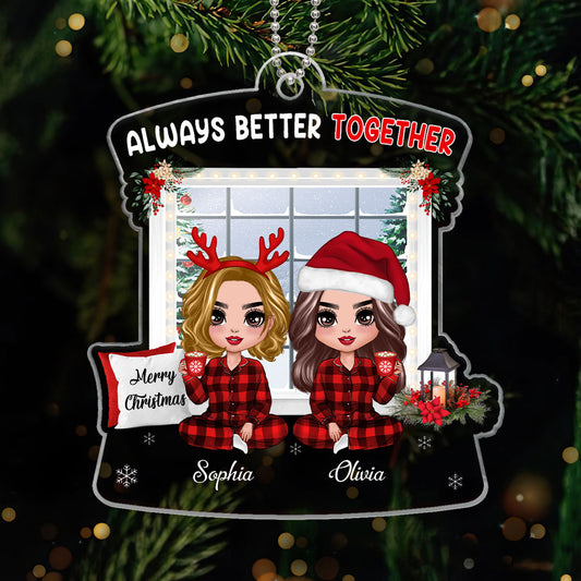 Pajamas Doll Besties Sitting By Christmas Window Personalized Acrylic Ornament