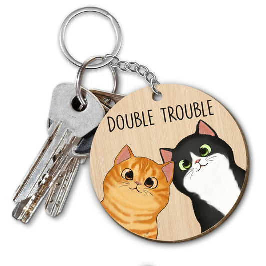 Peeking Fluffy Cats Double Trouble Personalized Wooden Keychain