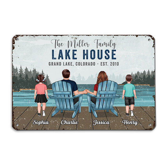 Lake House Sign Family Couple Kid Back View Lake View Personalized Metal Sign