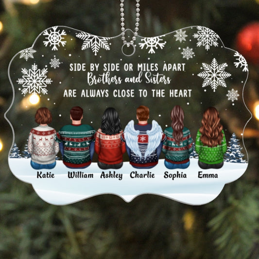Brothers Sisters Siblings Side By Side Snow Background Personalized Acrylic Ornament