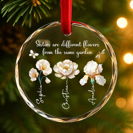 3D Effect Birth Flowers Sisters From The Same Garden - Personalized Glass Ornament - Birthday Christmas Just Because Gift For Sisters, Besties