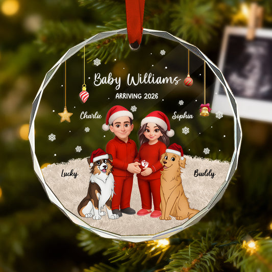 Expecting Parents Christmas Pregnancy Baby Arriving With Dogs Cats - Personalized Glass Ornament