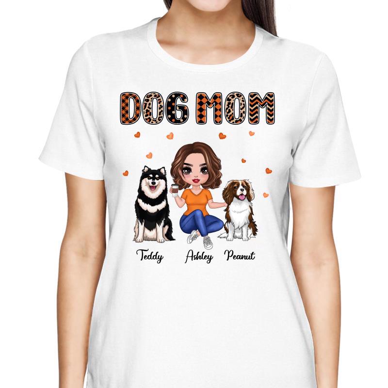 Dog Mom Doll Woman Sitting Orange Pattern Personalized Shirt