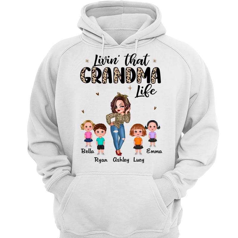 Half Leopard Sassy Woman Livin‘ That Grandma Life With Kids Personalized Hoodie Sweatshirt
