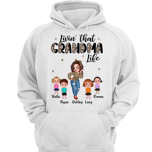 Half Leopard Sassy Woman Livin‘ That Grandma Life With Kids Personalized Hoodie Sweatshirt