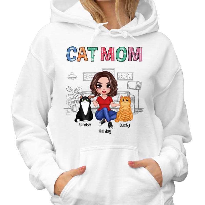 Colorful Pattern Cat Mom Doll Woman Sitting In House Personalized Hoodie Sweatshirt