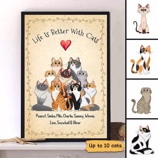 Life Is Better With Cats Sitting Cartoon Personalized Vertical Poster