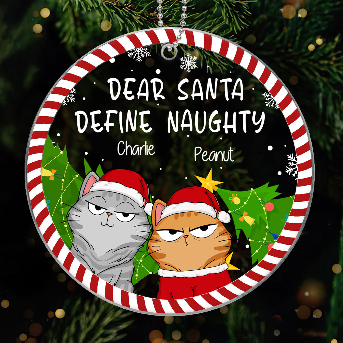 Define Naughty Funny Expression Cats Candy Cane Frame Personalized Acrylic Ornament