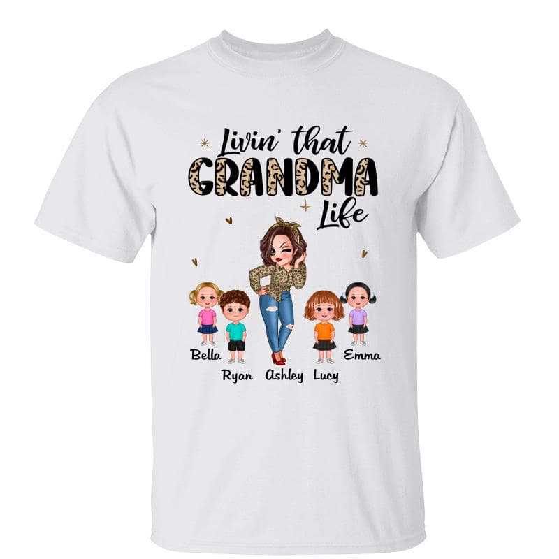 Half Leopard Sassy Woman Livin‘ That Grandma Life With Kids Personalized Shirt