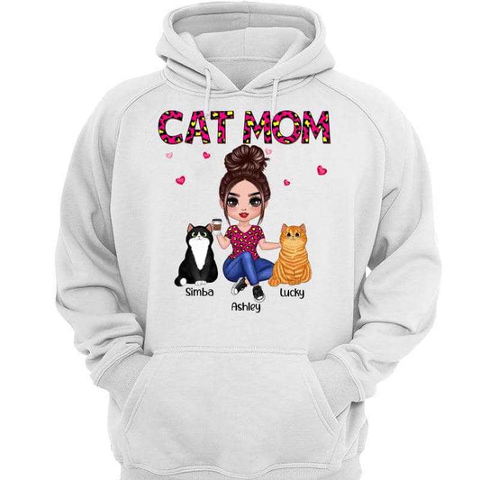 Cat Mom Doll Girl Sitting Leopard Personalized Hoodie Sweatshirt