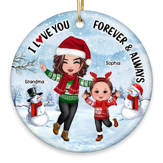 Happy Doll Grandma & Grandkid In Snow Christmas Gift For Granddaughter Grandson Personalized Circle Ornament