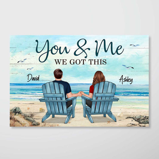 Back View Couple Sitting Beach Landscape Personalized Horizontal Poster