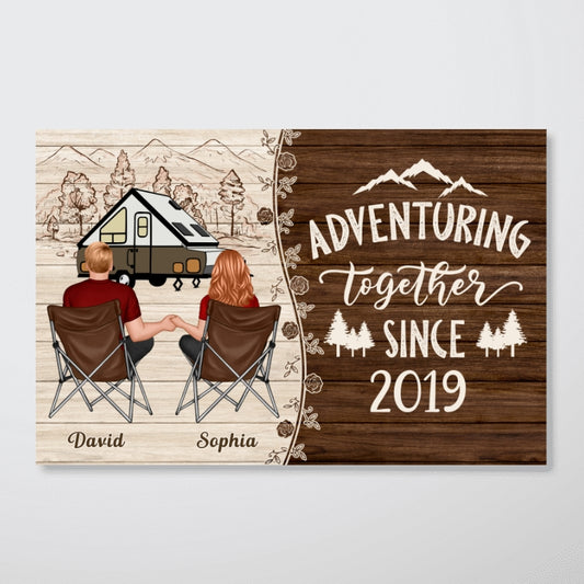 Camping Couple Back View Wood Texture Personalized Horizontal Poster