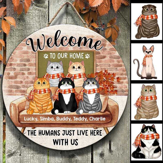 Cats Welcome To Our Home Fall Season Personalized Door Hanger Sign