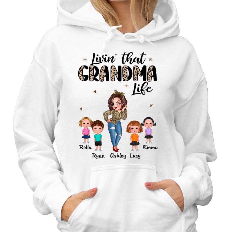Half Leopard Pretty Woman Livin‘ That Grandma Life With Kids Personalized Hoodie Sweatshirt