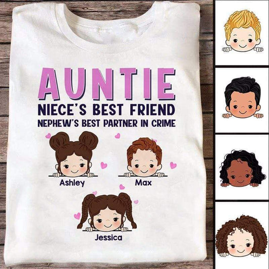 Apparel Aunt Best Friend And Partner In Crime Pink Patterned Personalized Shirt Classic Tee / White Classic Tee / S