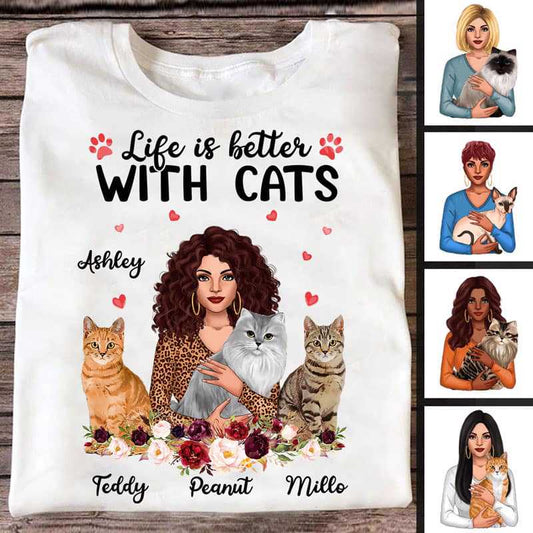 Apparel Better With Cat Floral Woman Holding Cat Personalized Shirt Classic Tee / White Classic Tee / S